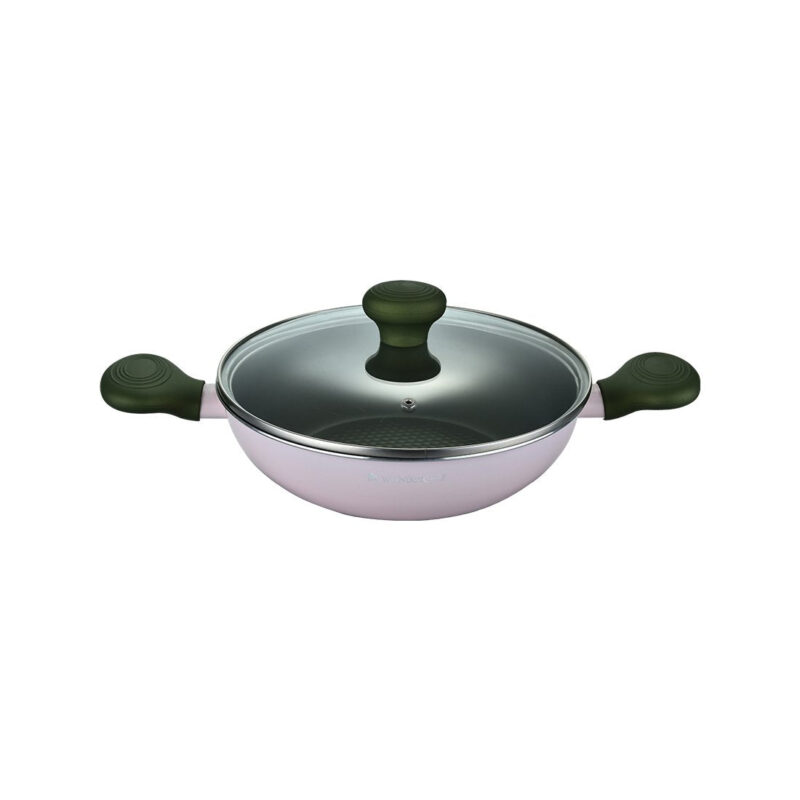 Olivia Spring Season Non-Stick Cookware Set of 3 | Kadhai with Glass Lid 24cm, Casserole with Lid 24cm & Fry Pan 24cm | Induction Bottom | Soft Touch Handles | Pure Grade Aluminium | PFOA Free | 2 Year Warranty | Pink - Image 4