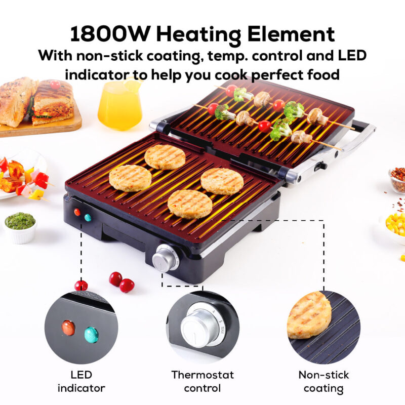 Sanjeev Kapoor Tandoor Family Size Plus| Electric Contact Grill & Sandwich Maker| 1800 Watt| Non-stick Grooves Healthy cooking | Super fast heating | 2 Year Warranty| Black & Silver - Image 3