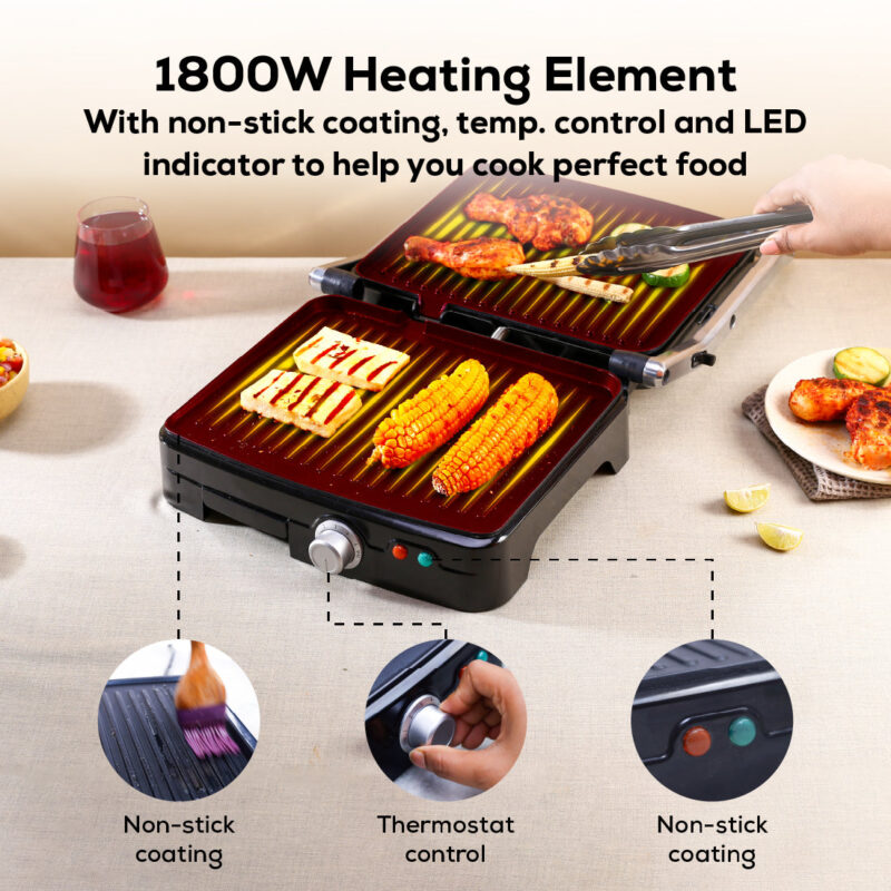 Sanjeev Kapoor Tandoor Professional Plus | Electric Contact Grill & Sandwich Maker| Thermostat Control | Auto Shut Off| LED Indicator| 2 Year Warranty | Black & Silver - Image 4