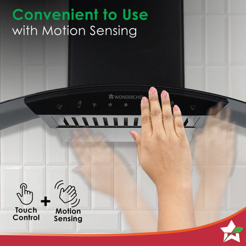 Power Curve Wall-Mount Chimney| Auto Clean Function| 1200M3/H | Suction Capacity| 3 Speed Motion| Gesture and Touch Control| Oil Collector| Low Noise| 90cms | Stainless Steel Baffle Filter|Black - Image 5