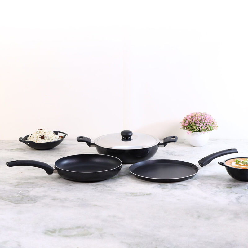 Wonderchef Renewed Platinum Plus Non-Stick Cookware Set of 4 | Kadhai with Glass Lid 24cm, Fry Pan 24cm & Dosa Tawa 25cm | Cool-Touch Bakelite Handle | Pure Grade Aluminium | PFOA Free | 1 Year Warranty | Black - Image 2