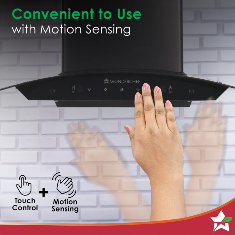 Power Curve Wall-Mount Chimney| Auto Clean Function| 1200M3/H | Suction Capacity| 3 Speed Suction| Gesture and Touch Control| Oil Collector| Low Noise| LED Lamp| 60cm| Black - Image 5