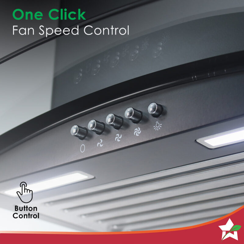 Power Curve Wall-Mount Chimney| 1000M3/H | Suction Capacity| 3 Speed Push Control| Low Noise| 60cms |Baffle Filter| Black - Image 4