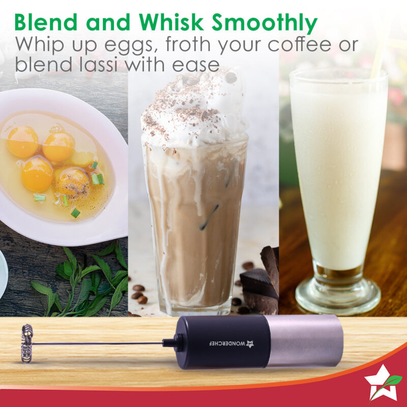 Wonderchef Regalia Milk Frother | Rich and Creamy Froth in Seconds | Stainless Steel Body & Whisk | AA Battery Operated | Blend Lassi, Cold Coffee, Gym Shakes, Whipped Cream | Easy to Clean | Black - Image 5