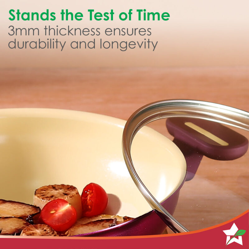 Bellagio Kadhai with Lid | Non-Stick Ceramic Coating | Non-Toxic | Pure Aluminium | PFAS and PFOA Free | 3mm Thickness | Two-Tone Soft-Touch Handles and Knob | Firm Grip | 2 Years Warranty - Image 5