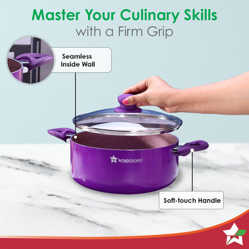 Royal Velvet 24cm Casserole with Glass Lid I Induction Ready | Soft-touch handles |Non – Toxic I Virgin Aluminium| 3 mm thick | 4.5 litres | 2 year warranty | Purple - Image 7