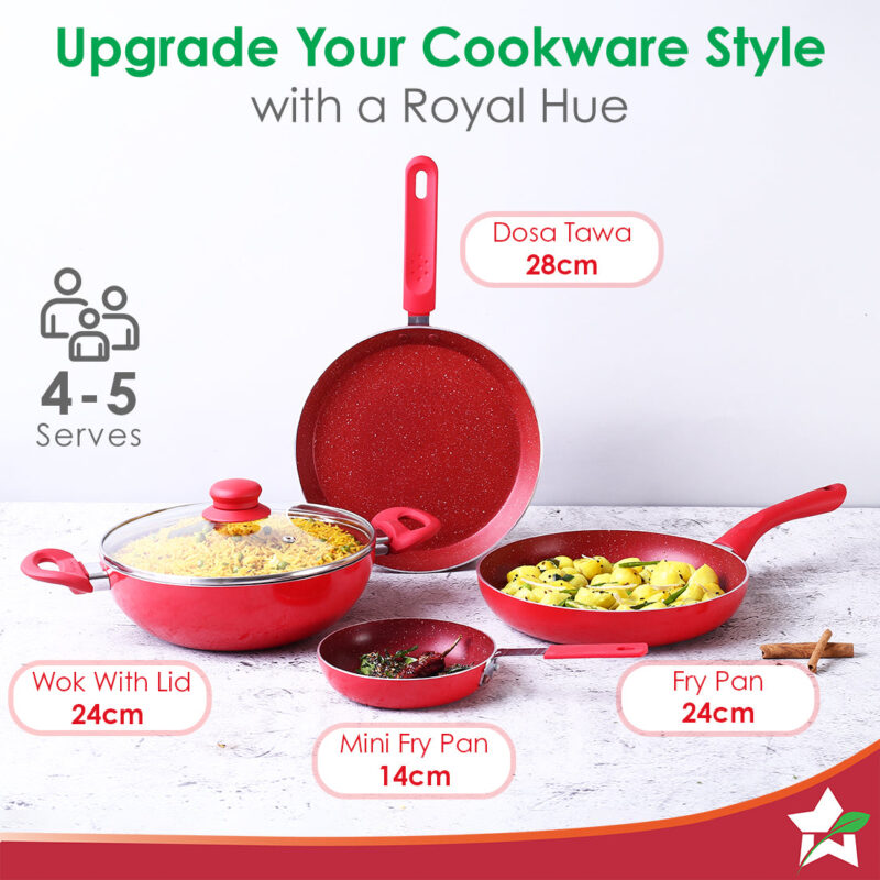 Royal Velvet Non-stick Cookware Set, 5Pc (Fry Pan with Lid, Wok, Dosa Tawa, Mini Fry Pan) Induction bottom, Soft-touch handles, Virgin Grade Aluminium, PFOA/Heavy Metals Free, 3 mm, 2 Years Warranty, Red - Image 5