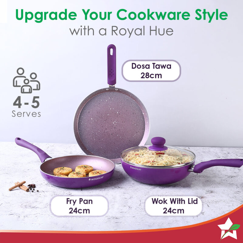 Royal Velvet Non-stick Cookware Set, 4Pc (Fry Pan with Lid, Wok, Dosa Tawa) 3mm, 2 Years Warranty, Purple - Image 5