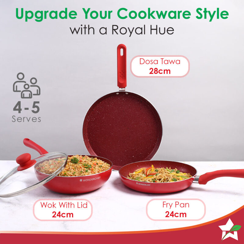 Royal Velvet Non-stick Cookware Set, 4Pc (Fry Pan with Lid, Wok, Dosa Tawa), Induction Bottom, Soft-touch Handles, Virgin Grade Aluminium, PFOA/Heavy Metals Free, 3mm, 2 Years Warranty, Red - Image 5