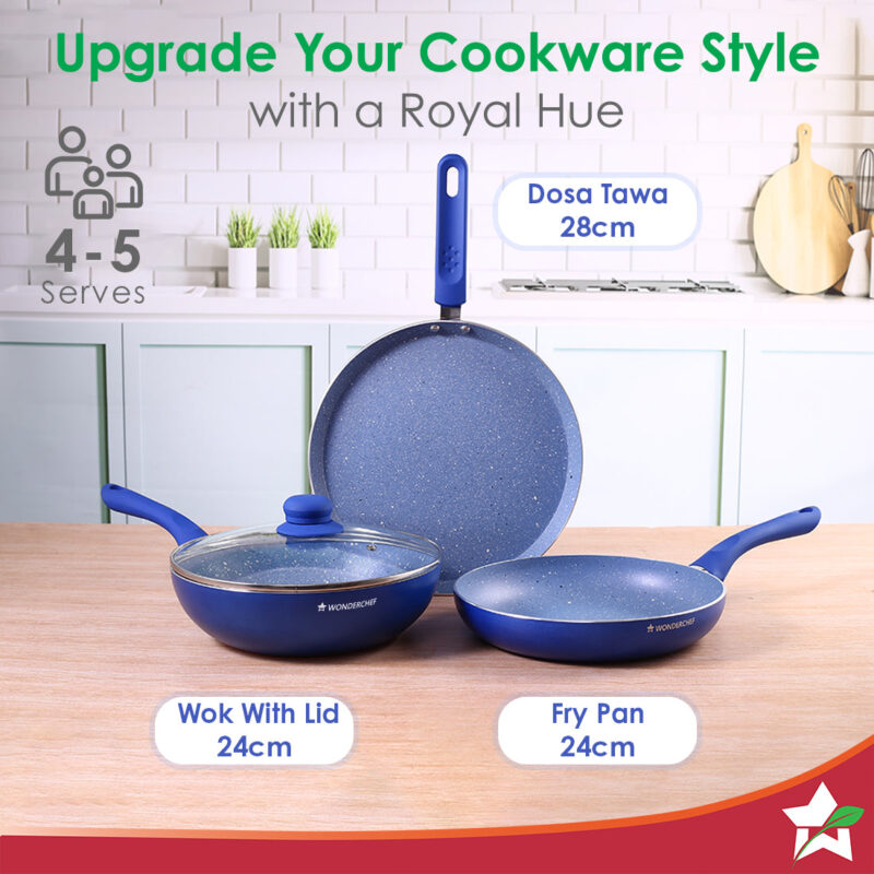 Royal Velvet Non-stick Cookware Set, 4Pc (Fry Pan with Lid, Wok, Dosa Tawa) Induction Bottom, Soft-touch Handles, Virgin Grade Aluminium, PFOA/Heavy Metals Free, 3mm, 2 Years Warranty, Blue - Image 5