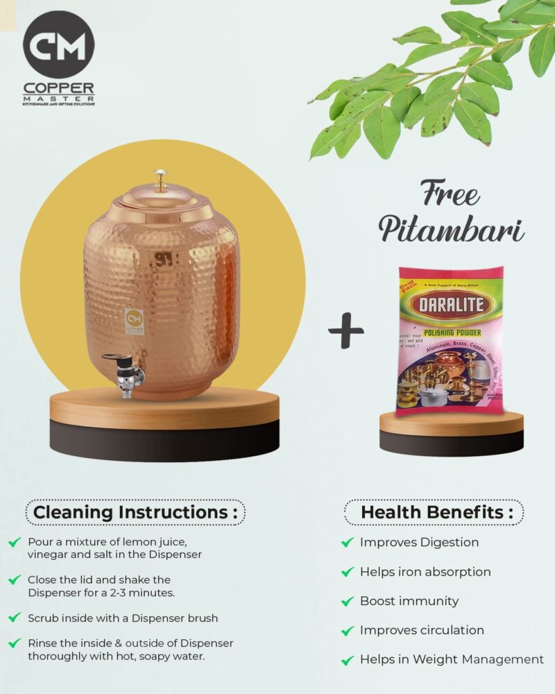 Copper-Master 5 Litre Pure Copper Hammered Water Dispenser (Matka) Container Pot with 2 Pure Copper Glasses Pure Copper and Ayurvedic Health Benefits (5000 ml + 600 ml) - Image 7