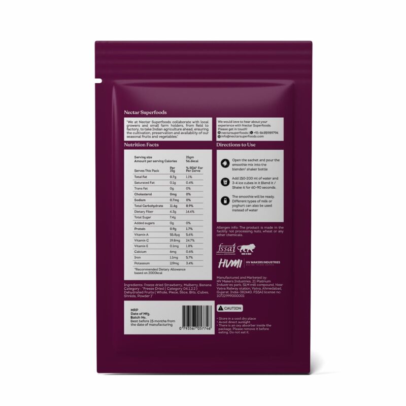 Nectar Superfoods Berry Berry Smoothie Powder - Added 100% Natural Fruit, Strawberry, Mulberry, Banana Original Fruit Test, Healthy Ingredients for Nutritious Smoothies, Vegan and Convenient - (15gm Sachet Pack) - Image 4