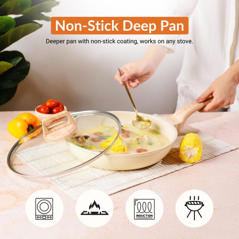 HomeEssentials Non Stick Maifan Stone Frying Pan - Fry Pan with Lid & Wooden Handle/Pre Seasoned 5 Layer Maifan Medical Stone Pan/All Gas & Induction Compatible/Chemical Coating Free,2.2 Litre - Image 7