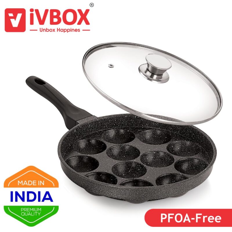 ivbox MAX-PRO Appam Pan Heavy-Weight Non-Stick appe Paniyarakkal Maker with Glass Lid, Cast Aluminium, Silver Grey - Image 3