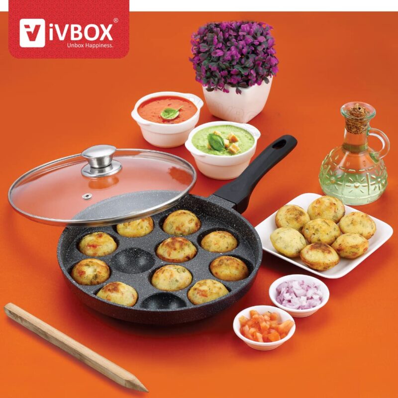 ivbox MAX-PRO Appam Pan Heavy-Weight Non-Stick appe Paniyarakkal Maker with Glass Lid, Cast Aluminium, Silver Grey - Image 4
