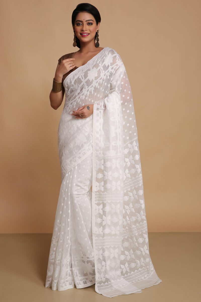 BENGAL HANDLOOM Women'S Cotton Silk Dhakai Softs Vojadi Dhakai Jamdani Sarees (Wite White) - Image 5