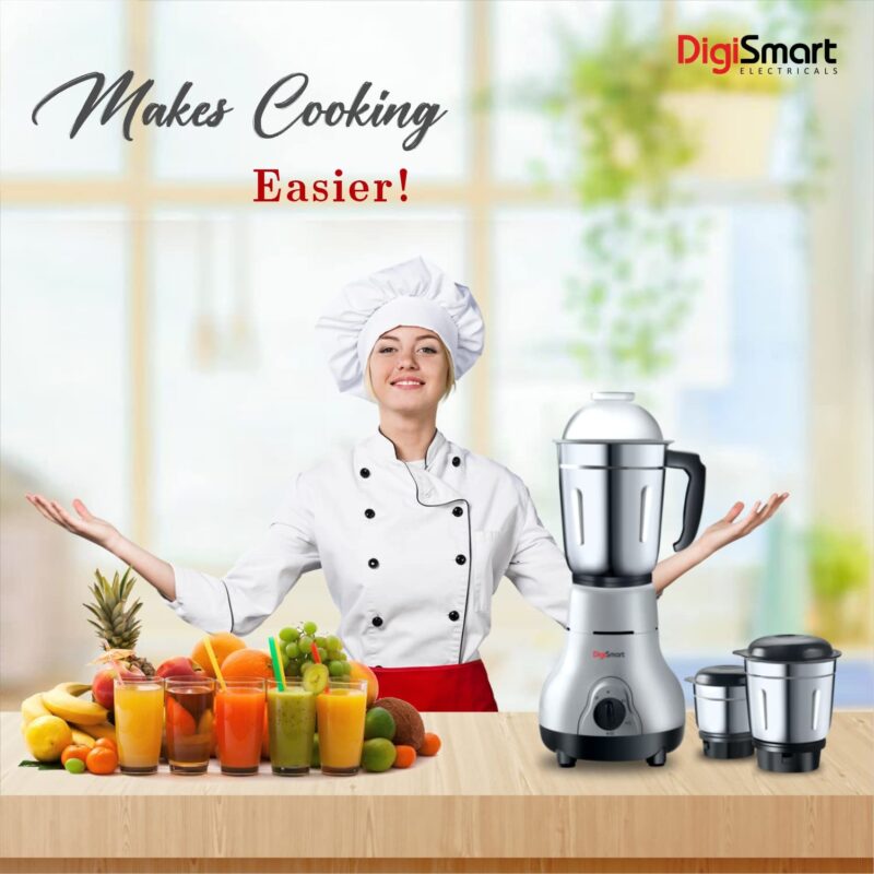 DigiSmart Kitchen Mate 600 Watt Mixer Grinder Gray and Black | 3 Jar | Comes With 2 Year Warranty - Image 2