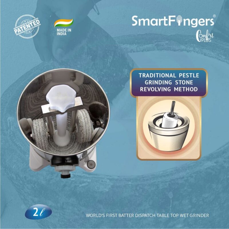 SmartFingers Comfort Plus Table Top magic Wet Grinder 230V 50hz, 2 Liter, White, 2 Stone - Image 4