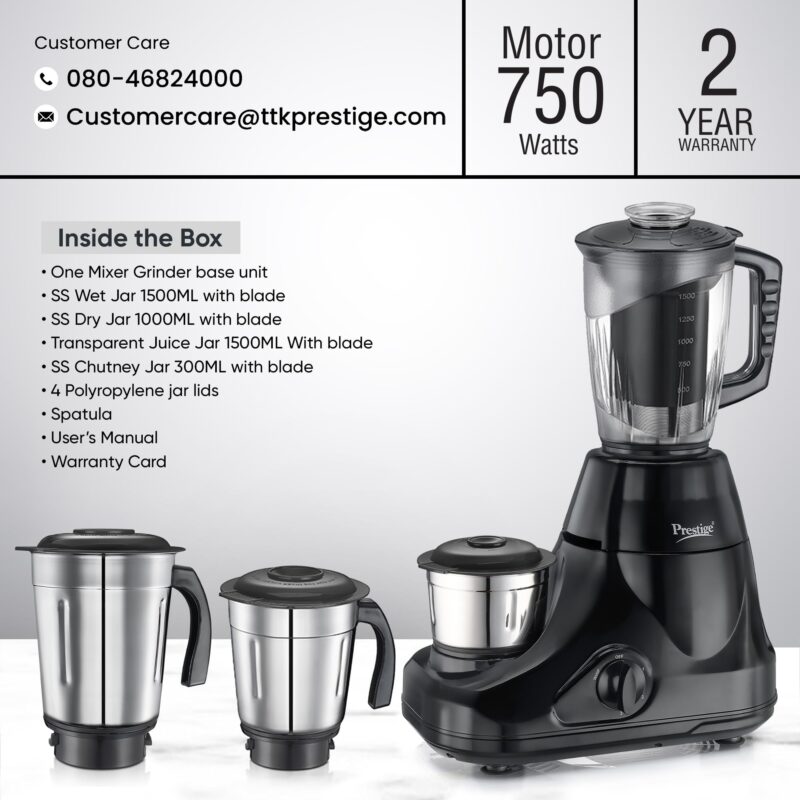 Prestige Iris Pro 750 Watts Mixer Grinder with 4 Jars (3 Stainless Steel Jars + 1 Juicer Jar)|4 Super-Efficient Stainless Blades |Jar Storage Space Sturdy Handles |2 Years Warranty |Black - Image 2