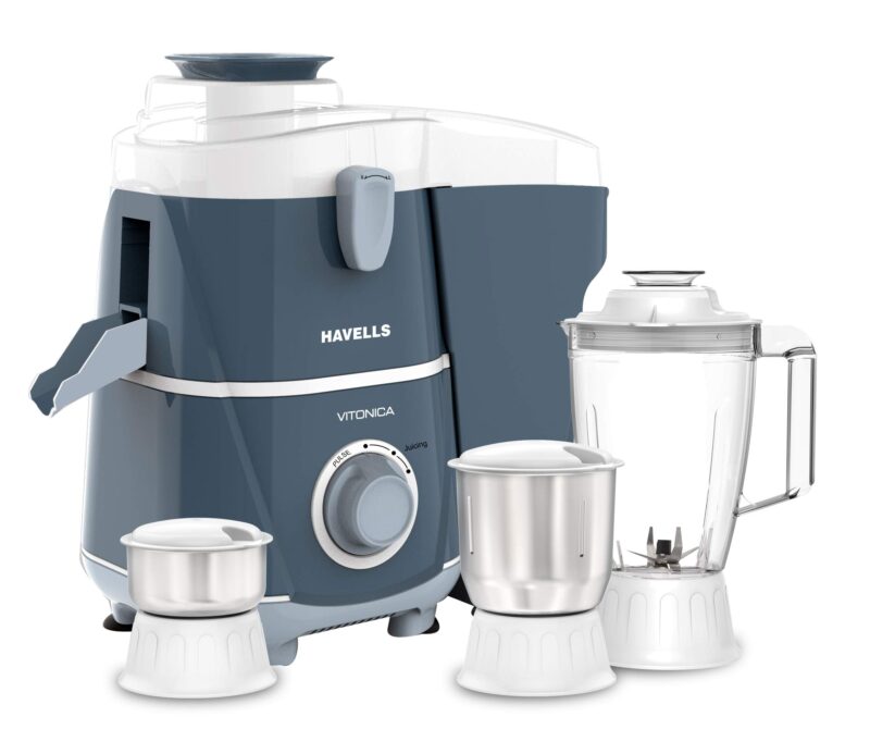 Havells Vitonica 500WattsJuicer Mixer Grinder with 3 Stainless Steel Jar, Large Size Pulp Container,Foldable Juicing Spout, 2 Yr Product & 5 Yr Motor Manufacturer Warranty (White & Blue)