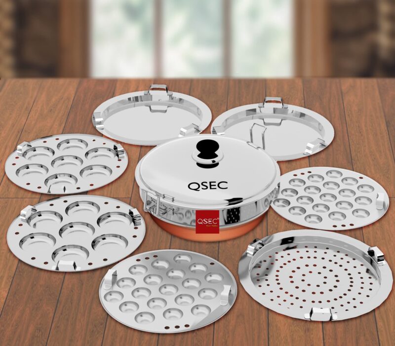 QSEC Stainless Steel Idly Cooker Multi Kadai Idli And Dhokla Steamer & Idli Cooker With 7 Plates|Mini Idli Stand|2 Mini Idli Plate|2 Idli|2 Dhokla|1 Momos|Multi Utility Kadai Cookware Set,5 Litre - Image 7