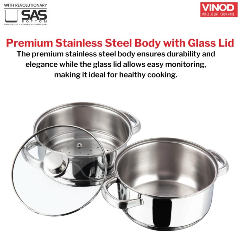 Vinod Stainless Steel Steamer 2 Tier with Glass Lid 18 cm | 2.5 mm Thick Base | Multi Purpose Momos, Modak Maker Steamer | Induction and Gas Base | 2 Year Warranty - Silver - Image 4