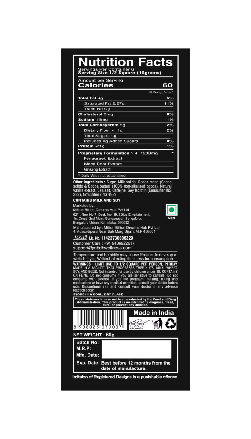 MBDH Wellness Ignite Chocolate Bars (1 Box) | Luxurious Dark Chocolate For Uplifting Mood & Vitality | Ideal For Men & Women,Vegetarian & Gluten-Free Delight, 60 Gram - Image 4