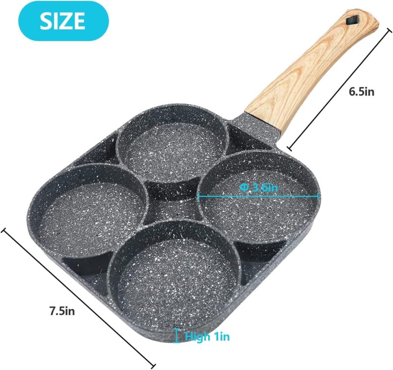 Cannagenix 4 Cups Egg Pan Omelette Pan Frying Pan Egg Frying Pan 4 Cup Crepe Pan Granite Egg Cooker Breakfast Pancakes Pan Suitable for Gas Stove & Induction Cookware (Wood Grain Handle) - Image 2