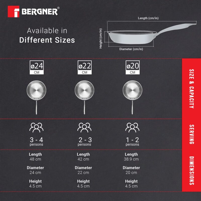 BERGNER Argent TriPly 20 cm Frypan/Steel Pan, Scratch Resistant, for Spice Tempering/Seasoning, Stay Cool Long Handle, Mirror Finish, Induction Ready, 5-Year Warranty by Bergner - Image 8