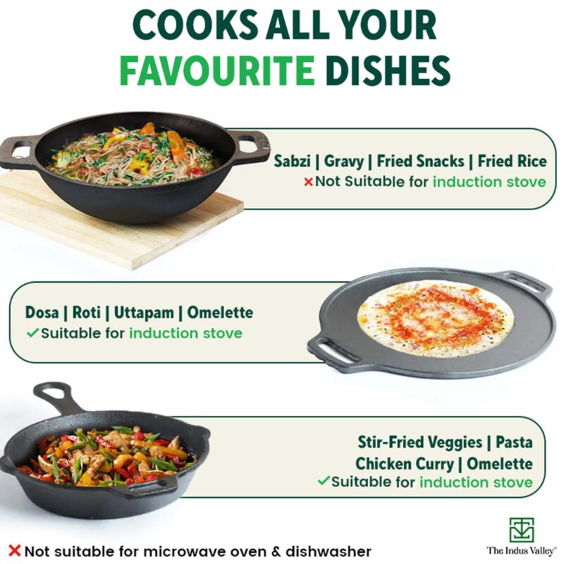 The Indus Valley Pre-Seasoned Cast Iron Cookware Set+ Free Tadka Pan|Tawa (30.5 Cm)+ Kadai (25.4 Cm/2.3L)+ Fry Pan (23 Cm/1.4L)|Kitchen Cooking Combo Pots & Pans Set Of 4Pcs|Naturally Nonstick - Black - Image 2