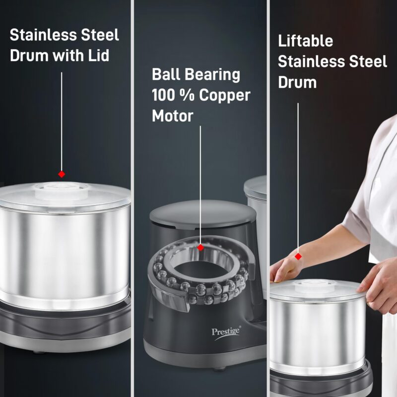 Prestige Ultima Pro 2 Litre Table Top Wet Grinder |200 Watts Heavy Duty Motor|Coconut Scraper Attachment|Atta Kneader Attachment|Stainless Steel Drum|2 Years Warranty|Silver & Black - Image 4