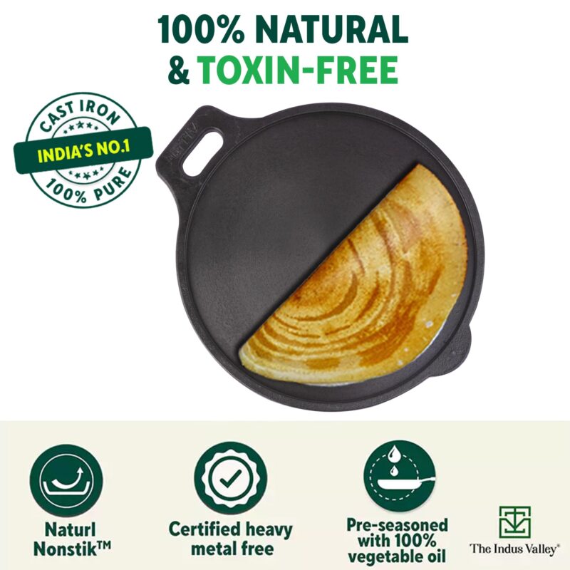 The Indus Valley Super Smooth Cast Iron Tawa with Free Wooden Spatula for Dosa/Chapathi | 30.5cm/12 inch, 2.9kg | Induction Friendly | Naturally Nonstick, 100% Pure & Toxin-Free, No Chemical Coating - Image 7