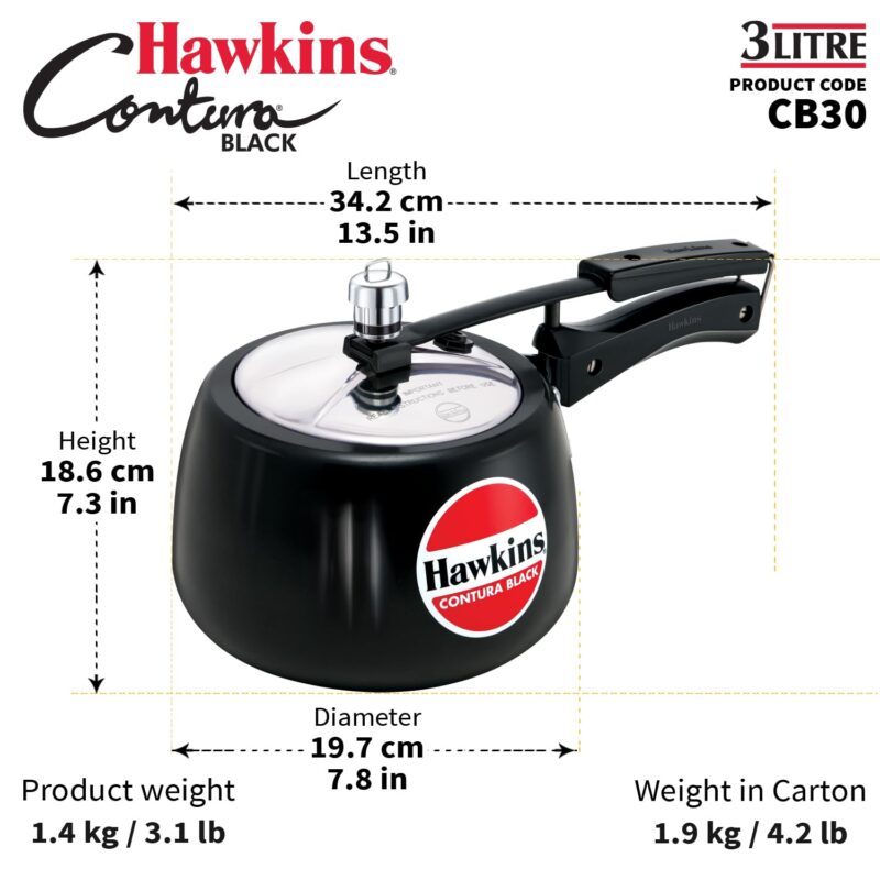 Hawkins 3 Litre Contura Black Pressure Cooker, Hard Anodised Inner Lid Cooker, Handi Cooker, Black (CB30) - Image 5