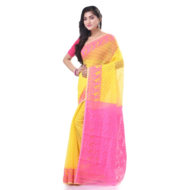 dB DESH BIDESH Women`s Resham Dhakai Jamdani Cotton Handloom Saree Hajar Buti Design Jamdani Saree (Yellow Pink) - Image 5