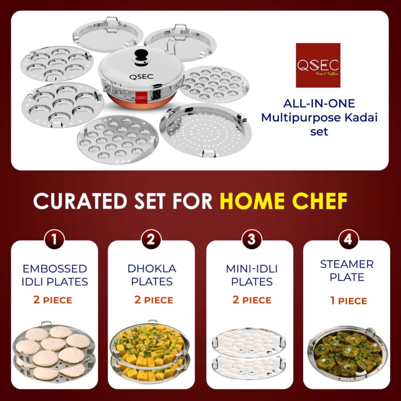 QSEC Stainless Steel Idly Cooker Multi Kadai Idli And Dhokla Steamer & Idli Cooker With 7 Plates|Mini Idli Stand|2 Mini Idli Plate|2 Idli|2 Dhokla|1 Momos|Multi Utility Kadai Cookware Set,5 Litre - Image 8