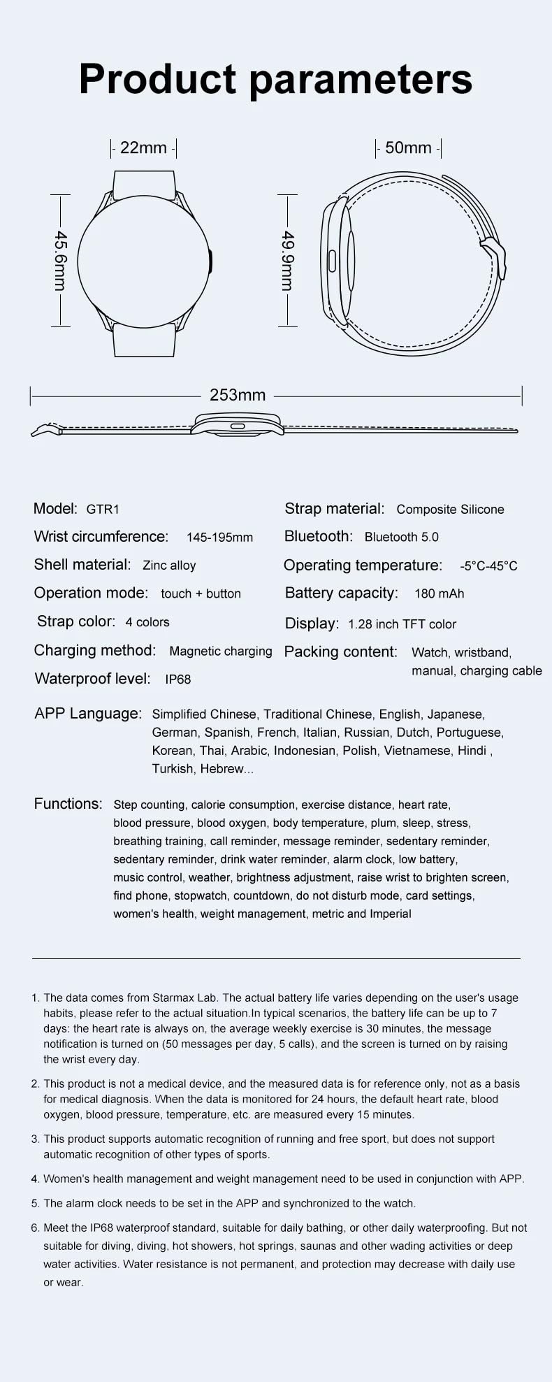 HEST HighSense GTR1 Smartwatch | IP68 Waterproof | 5-8 Days Battery Life | 100+ Sports Modes | Health Monitoring | Bluetooth 5.0 | 1.28" Display | Magnetic Charging | Customizable Watch Faces - Image 5