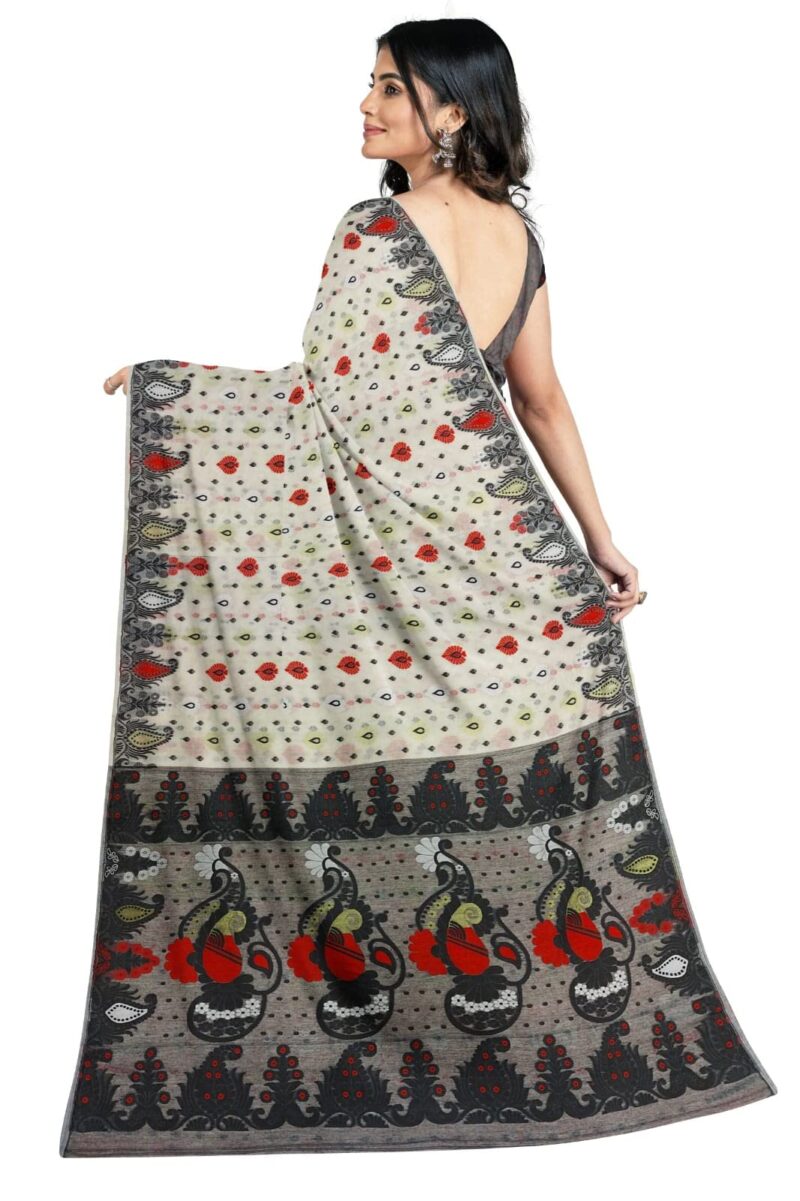 Saree Niketan Women's Traditional Bengal Cotton Silk Jamdani Saree (white) - Image 6