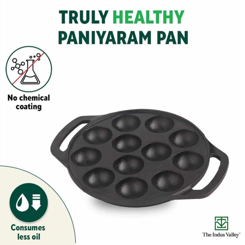The Indus Valley Pre-Seasoned Cast Iron Paniyaram Pan With Loop Handle | 12Pit, 8.3Inch/21 Cm, 2.15Kg | Nonstick Appe/Paddu Pan, 100% Pure & Toxin-Free, Black - Image 8