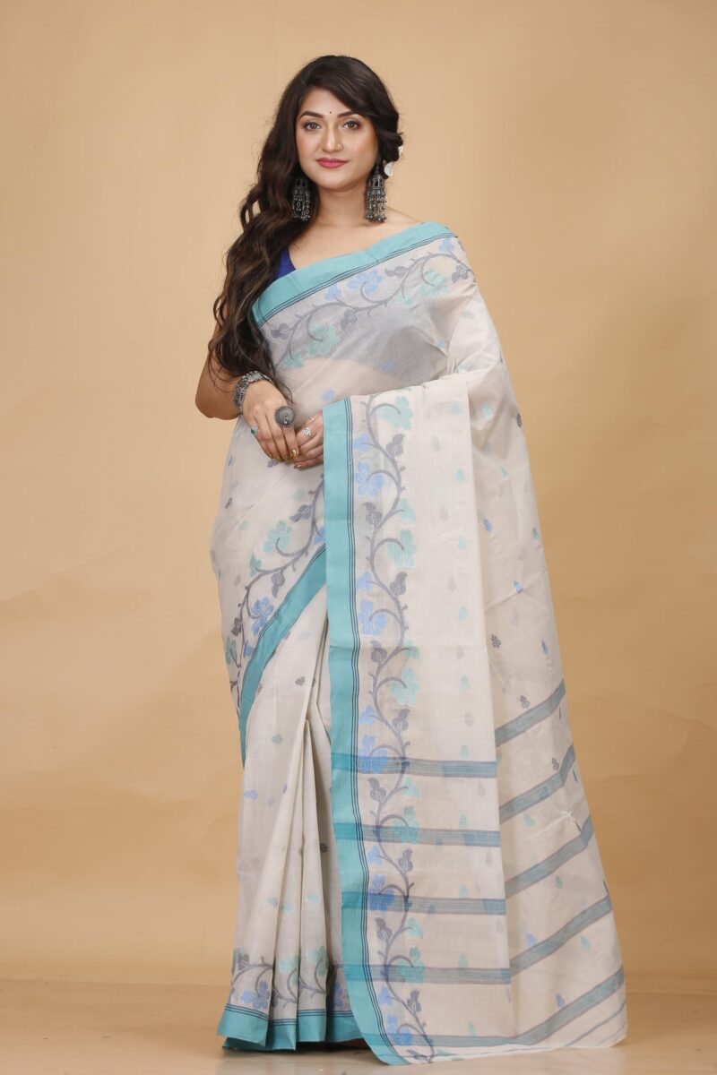 Tant Story Women's Traditional Bengal Trending Tant Handloom Pure Cotton Tangail Saree without Blouse Piece (Off White) - Image 2