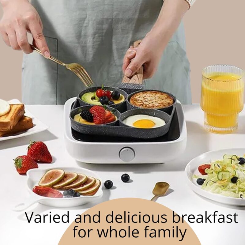 Cazuela 4 Cups Egg Pan Omelette Pan Frying Pan Egg Frying Pan 4 Cup Crepe Pan Granite Egg Cooker Breakfast Pancakes Pan Suitable for Gas Stove & Induction Cookware (Wood Grain Handle) - Image 4