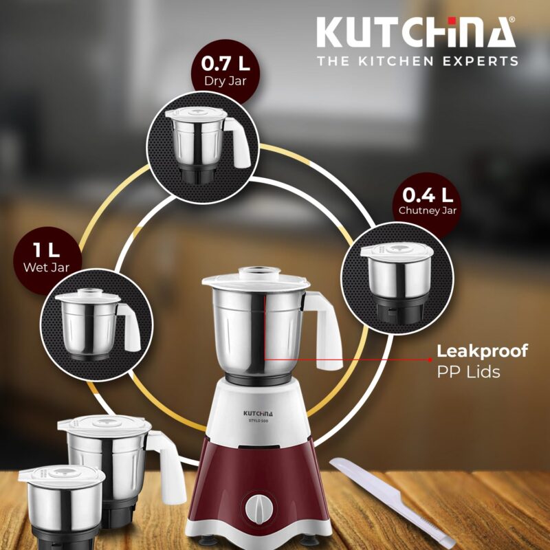 Kutchina Stylo 500 Hygrade Motor Mixer Grinder 500 Watt with 3 Jars (Liquidizing, Wet Grinding, Chutney Jar) | Stainless Steel Blades | Mixer Grinder 500+ Watt | 2 Years on Product - Image 6