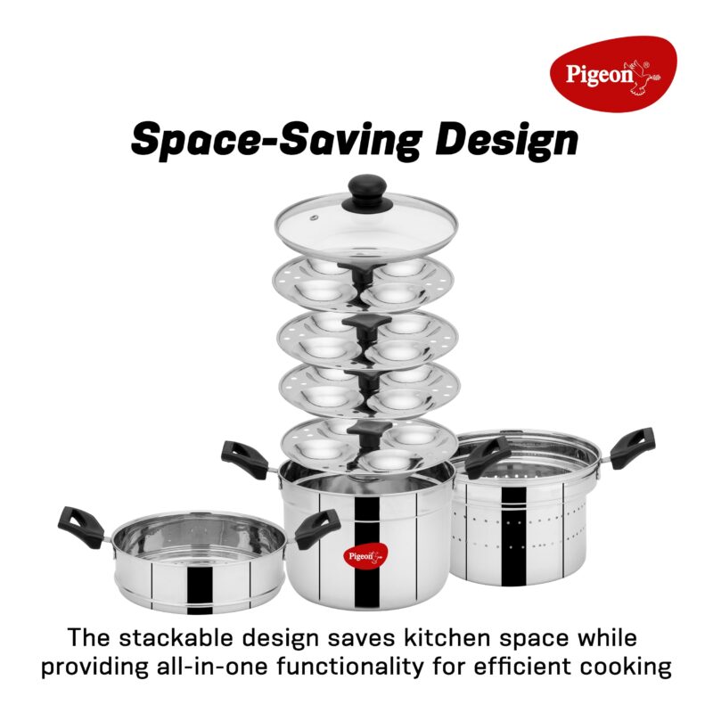 Pigeon by Stovekraft All in one Multipurpose Cookpot with Glass Lid Included Steamer and Strainer for easy cooking, heat resistant handles, Heavy gauge stainless steel idly plates inside with 4 cavity (4 idly plates, 16 idlies) - Image 5
