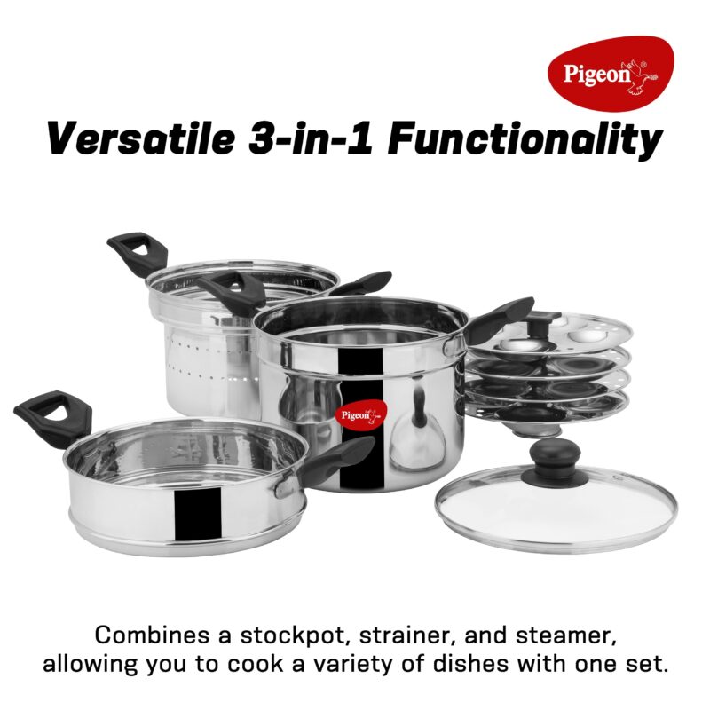 Pigeon by Stovekraft All in one Multipurpose Cookpot with Glass Lid Included Steamer and Strainer for easy cooking, heat resistant handles, Heavy gauge stainless steel idly plates inside with 4 cavity (4 idly plates, 16 idlies) - Image 7