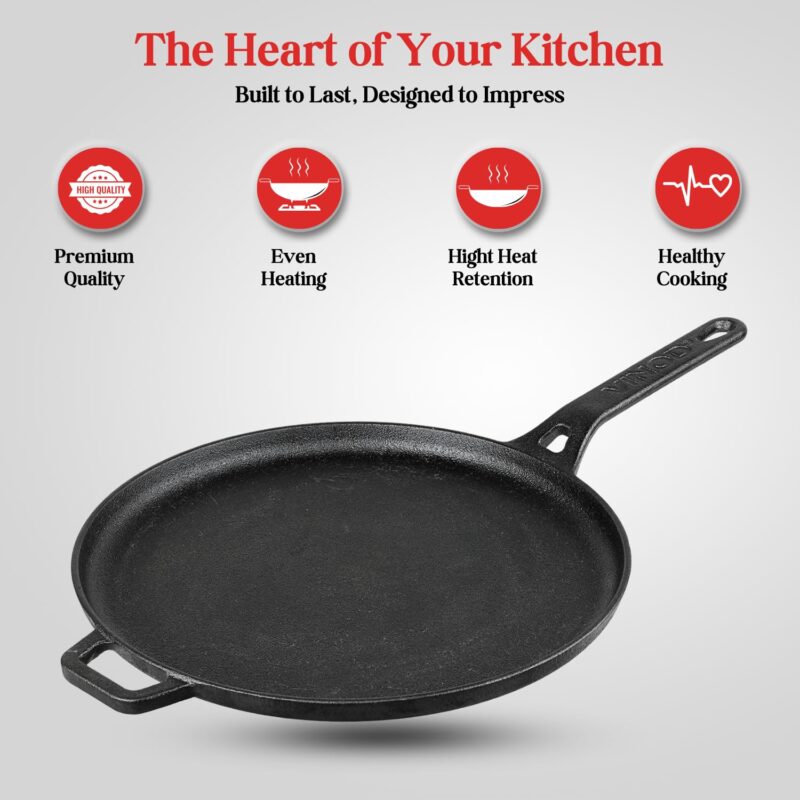 Vinod Legacy Pre Seasoned Cast Iron Flat Roti Tawa with Handle - 28 cm/Chapati, Dosa, Naan, Omlette Kallu Tava / 100% Pure Naturally Non Stick/Toxin & Rust Free/Gas Base - Image 5