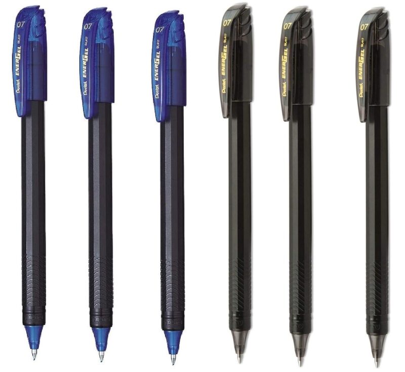 Pentel BL417 0.7mm EnerGel Roller Gel Pen - 3 Blue & 3 Black Ink, Pack of 6