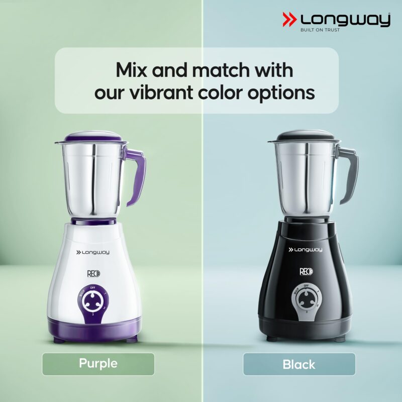 Longway Reo 550 Watt Mixer Grinder with 4 Jars for Grinding, Mixing, Blending, Juicing with Powerful Motor | 1 Year Warranty | (Purple, 4 Jars) - Image 3