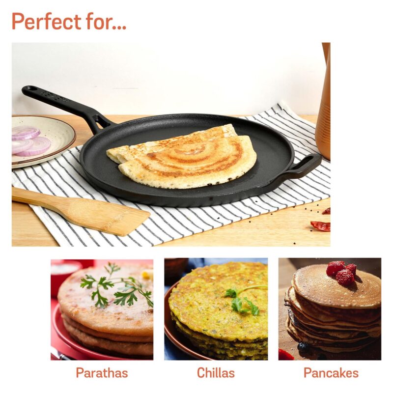 Meyer Pre-Seasoned Cast Iron Flat Dosa, Roti, Chapati Tawa Pan with Stick Handle, Dosa Kallu, Iron Tawa Big Size | Pre-Seasoned Iron Cookware | Gas and Induction Compatible | 28cm, Black - Image 6