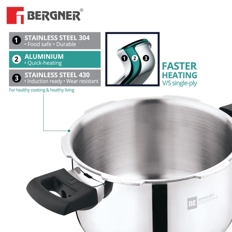 Bergner BE Bergner Essentials Tripro Triply Stainless Steel 3 Liters Outer Lid Pressure Cooker, Faster and Even Heating, Healthy Cooking, Easy to Clean, Full Induction Bottom and Gas Stove Ready - Image 3