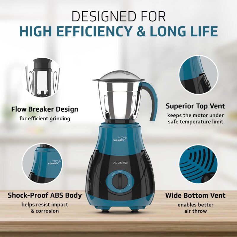 V-Guard AG 754 750 Watt Juicer Mixer Grinder, 3 Year Motor Warranty By V-Guard,4 Jars(Chutney, Dry, Wet & Juicer), Sturdy Juicer Jar with QuadraFlow Design, PrecisionBlend SS Blades, Blue-Black - Image 6