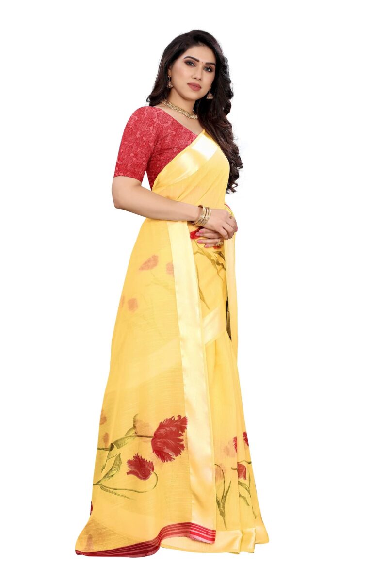 Priyashi Womens Printed Linen Saree with Blouse Piece(VANI Yellow_Free Size) 1 - Image 5